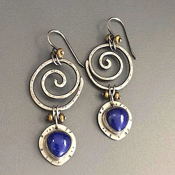 Vintage Silver Blue Lapis Spiral Boho Geometric Dangle Drop Earrings - Picture 3 of 4